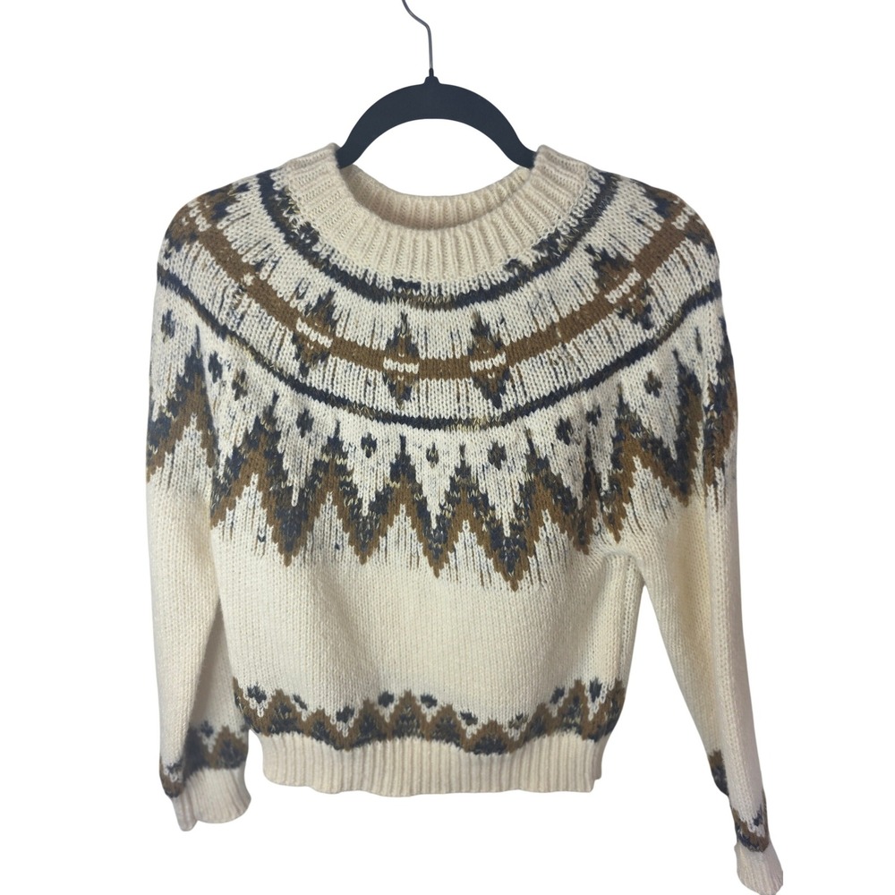 Heartloom Fair Isle Crewneck Sweater Cream Brown Navy Blue Knit Pullover XS